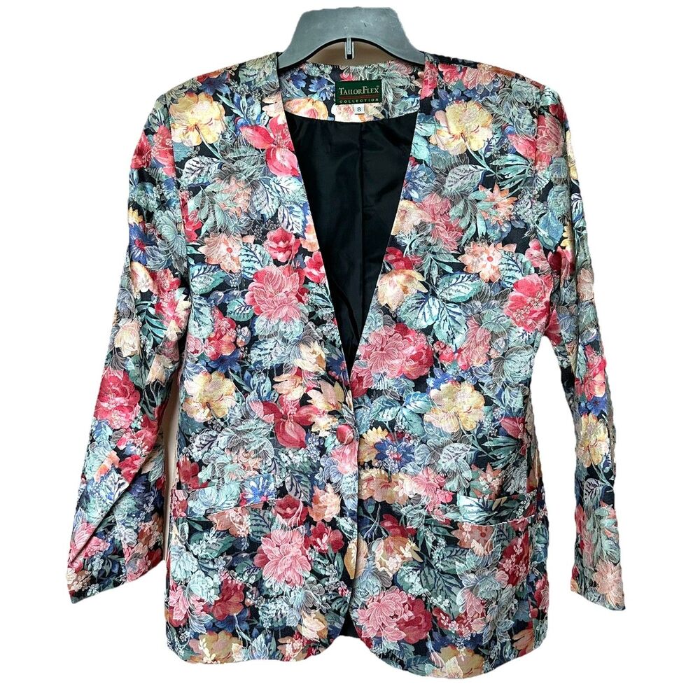 VTG Tailor Flex Blazer Women’s 8 Floral Iridescent Retro Unique Grandma Tapestry
